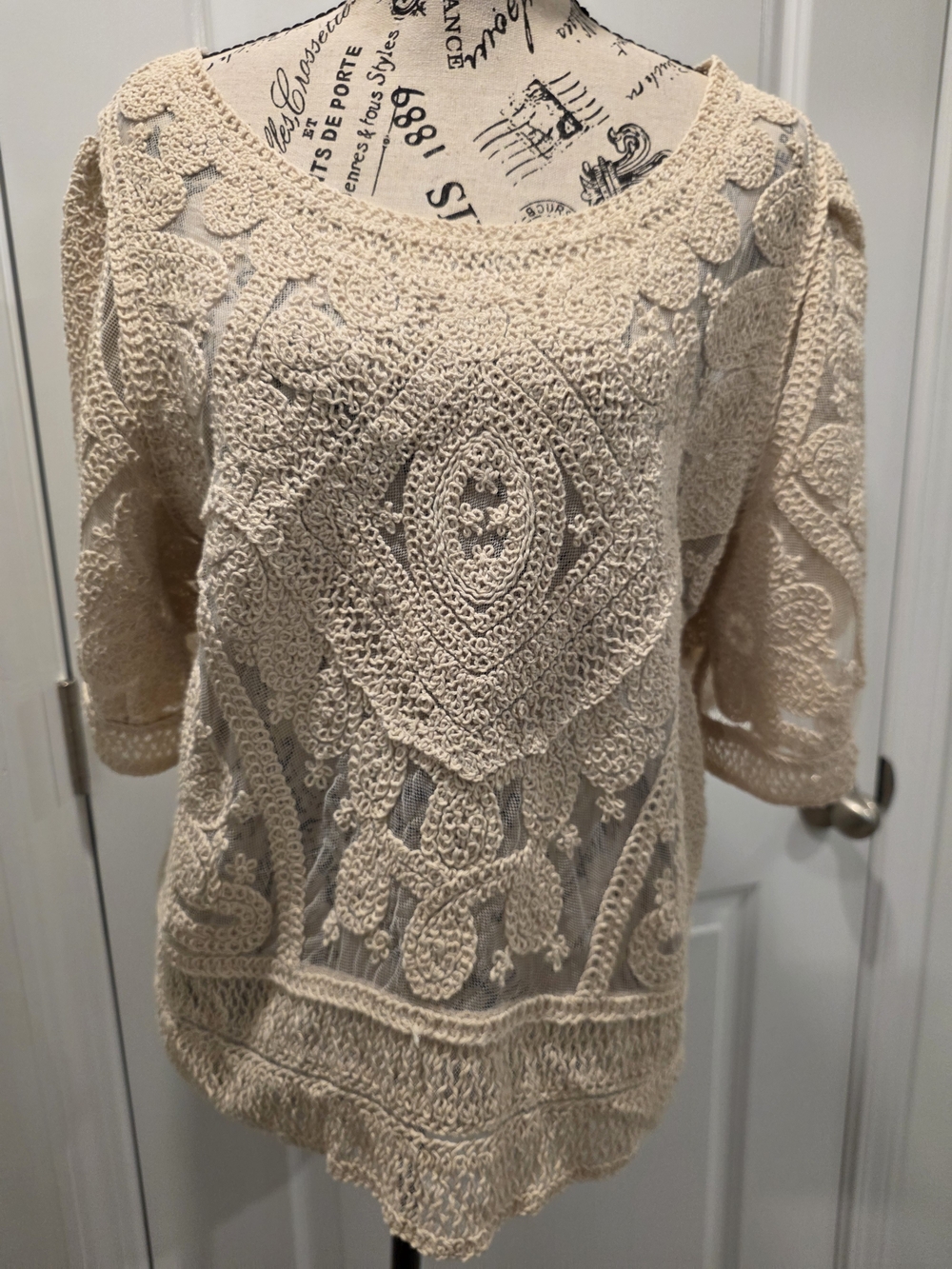 Ultra Pink Beige Crochet Scoop Neck Blouse